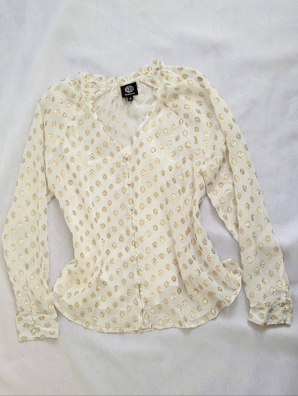 NWOT! Polka Dot Fall Top Gold Foil Pearl Embellished Women's Sheer Blouse Small - Picture 1 of 17